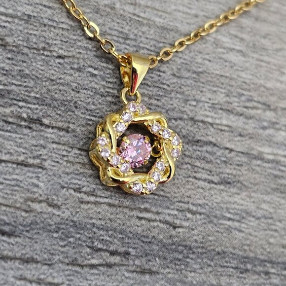 Simulated Pink Diamond Gold Tone New 14K Over Sterling Silver Pendant Necklace - Picture 7 of 8